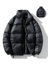 Men’s full size black quilted puffer jacket with stand collar and drawstring hem in plus size shown from front