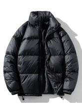 Men’s black quilted puffer jacket with high stand collar and drawstring hem in full and plus sizes