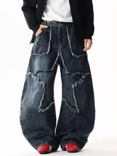Men’s dark blue denim star patchwork wide leg jeans with frayed star-shaped cutouts available in plus size chart