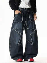 Men’s dark blue denim wide leg jeans with star patchwork and frayed distressed patches plus size size chart available