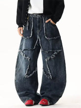 Men’s dark blue denim star patchwork wide leg jeans with frayed distressed patches plus size size chart included