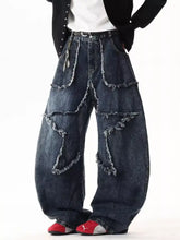 Men’s dark blue denim star patchwork wide leg jeans with frayed seams available in plus size with size chart