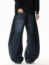 Men’s dark-wash wide leg denim jeans with distressed texture frayed hems and star patchwork plus size size chart