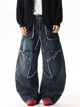 Men’s dark blue denim full size star patchwork wide leg jeans with frayed cutouts and size chart available
