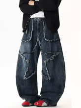 Men’s dark blue denim wide leg jeans with star patchwork and frayed detailing featured in full size size chart