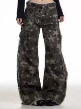 Men’s full size camouflage star print wide leg jeans with frayed hems and distressed military-inspired design