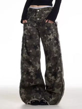 Men’s full size star print wide leg jeans in gray and black camouflage with frayed hems and star print wide leg design