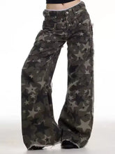 Men’s dark green and gray star print wide leg denim pants with frayed hems in plus size full star print wide leg jeans