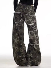 Men’s full size star print wide leg jeans in dark green and gray with frayed, distressed pocket edges