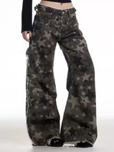 Men’s full size star print wide leg denim pants in dark green and gray with frayed hems and star print wide design