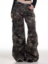 Men’s full size dark green and gray star print wide leg denim jeans with frayed hems plus size