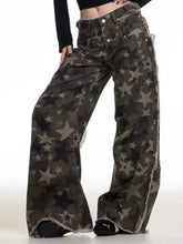 Men’s full size star print wide leg jeans in black and gray denim with camouflage star print and frayed hems