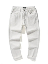 Men’s white denim straight leg jeans with classic five-pocket design and rolled cuffs in full plus size