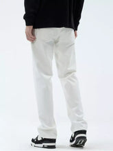 Men’s full size straight leg jeans in white lightweight fabric with subtle creases and a modern clean cut