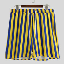Men’s full size striped button up shirt and shorts set plus size featuring bright yellow and royal blue swim trunks with white drawstring waistband