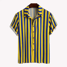 Men’s full size striped button up shirt and shorts set in vibrant yellow and blue vertical stripes with a collared neckline