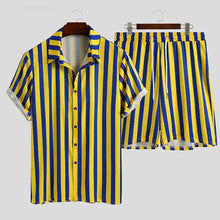Men’s full size striped button up shirt and shorts set in vibrant yellow and navy blue vertical stripes