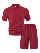Men’s full size red textured knit polo shirt and matching shorts set in plus size for casual wear