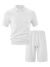 Men’s full size white textured polo shirt and shorts set in plus size featuring breathable fabric for casual wear