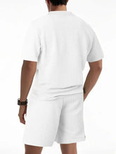 Men’s full size white textured short-sleeved shirt with collar and matching shorts set machine wash cold tumble dry