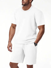 Men’s full size white textured short sleeve crew neck top and matching shorts set machine wash cold tumble dry