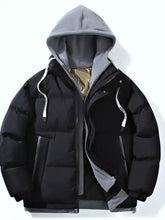 Men’s full size two-tone black puffer jacket with gray hood, quilted design, reflective zippers, ideal as a base layer