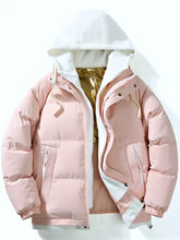 Men’s full size two-tone hooded puffer jacket with soft pink quilted panels, white hood, and zipper details for base layer use