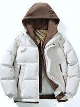 Men’s full size two-tone cream puffer jacket with brown hood and trim featuring quilted design and gold-patterned lining