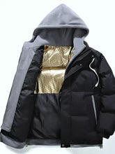 Men’s full size two-tone hooded puffer jacket with black exterior, gray hood, gold-lined interior, and sleeve length details