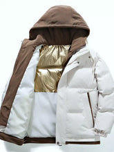 Men’s full size two-tone white and brown hooded puffer jacket with gold honeycomb interior and adjustable sleeve length