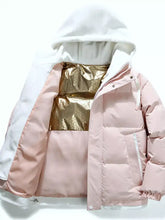 Men’s full size two-tone hooded puffer jacket in pink with white hood and gold honeycomb lining suitable as base layer with sleeve length details visible by measuring tape