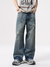 Men’s full size vintage distressed blue denim jeans with ripped knees wide leg relaxed fit plus size