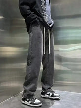 Men’s vintage wash dark gray loose fit jeans with white drawstrings in full size plus size denim material