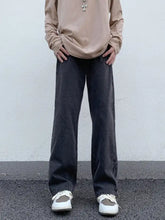 Men’s full size vintage wash wide leg dark-wash denim jeans with relaxed straight-leg cut and visible stitching details