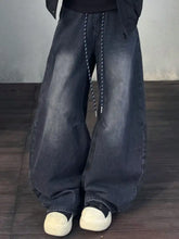 Men’s dark-wash vintage wash wide-leg jeans with drawstring waistband and relaxed silhouette in plus size