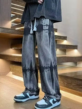 Men’s dark gray tie-dye corduroy wide leg jeans with a relaxed fit and drawstring waist in plus size vintage wash