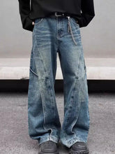 Men’s vintage wash wide leg jeans in faded blue denim with visible stitching details for full size plus size fit