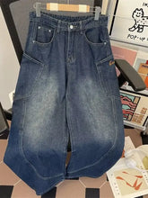 Men’s full size vintage wash dark blue denim shorts with wide leg cut and large cargo pockets vintage wash jeans