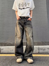 Men’s vintage wash wide-leg jeans in faded distressed black and gray denim with full size plus size fit