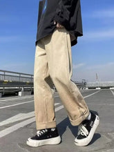 Men’s beige wide-leg denim pants with vintage wash wide design and rolled cuffs in plus size vintage wash style