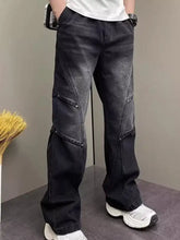 Men’s full size vintage wash wide leg jeans in black denim cargo style with reinforced stitching and multiple pockets