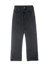 Men’s full size black denim vintage wash wide leg jeans with straight cut, visible stitching, and zipper cuffs
