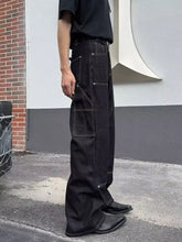 Men’s black denim cargo wide leg jeans with vintage wash and contrasting white stitching plus size wide leg jeans