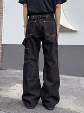 Men’s black denim cargo wide leg jeans with vintage wash white stitching and multiple pockets in plus size