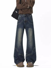 Men’s full size vintage wash wide leg jeans in dark-wash denim with relaxed fit and visible stitching details