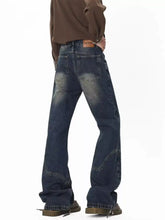 Men’s full size vintage wash wide leg jeans in dark-wash denim with distressed look and reinforced stitching