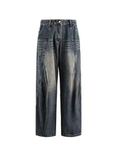Men’s full size vintage wash wide leg jeans in dark-wash denim with a relaxed silhouette and distressed stitching details