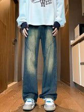 Men’s full size vintage wash wide leg jeans in dark blue denim with faded distressed look and subtle whiskering details