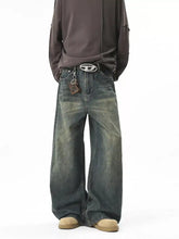 Men’s full size vintage wash dark-wash denim wide leg jeans with faded distressing and wide leg cut for plus size