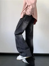 Men’s dark gray vintage wash wide leg jeans in a relaxed straight-cut silhouette for plus size fit